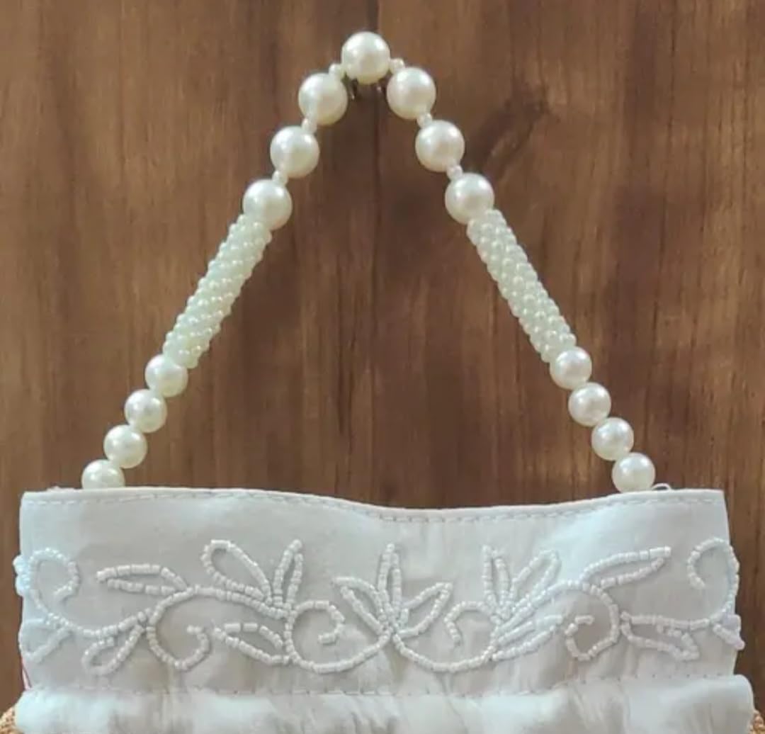 White Pearl Beaded Potlie Bag, Floral Embroidered Drawstring Clutch, Pearl Handle, Bridal Wedding Purse
