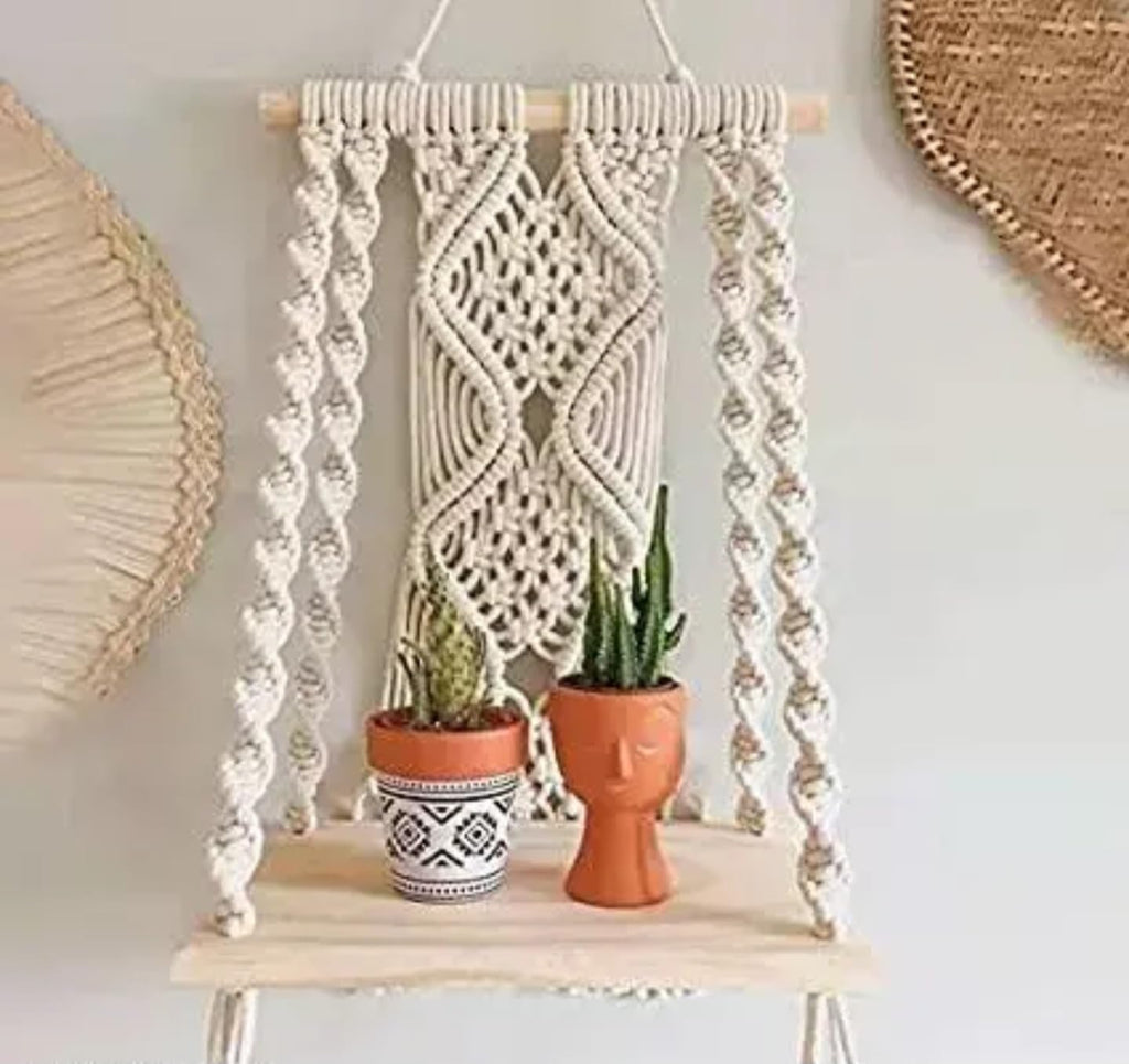 Handcrafted Macrame Wall Shelf, Wooden Hanging Swing Shelf with Decorative Rope Pattern, Natural Cotton and Pine Wood