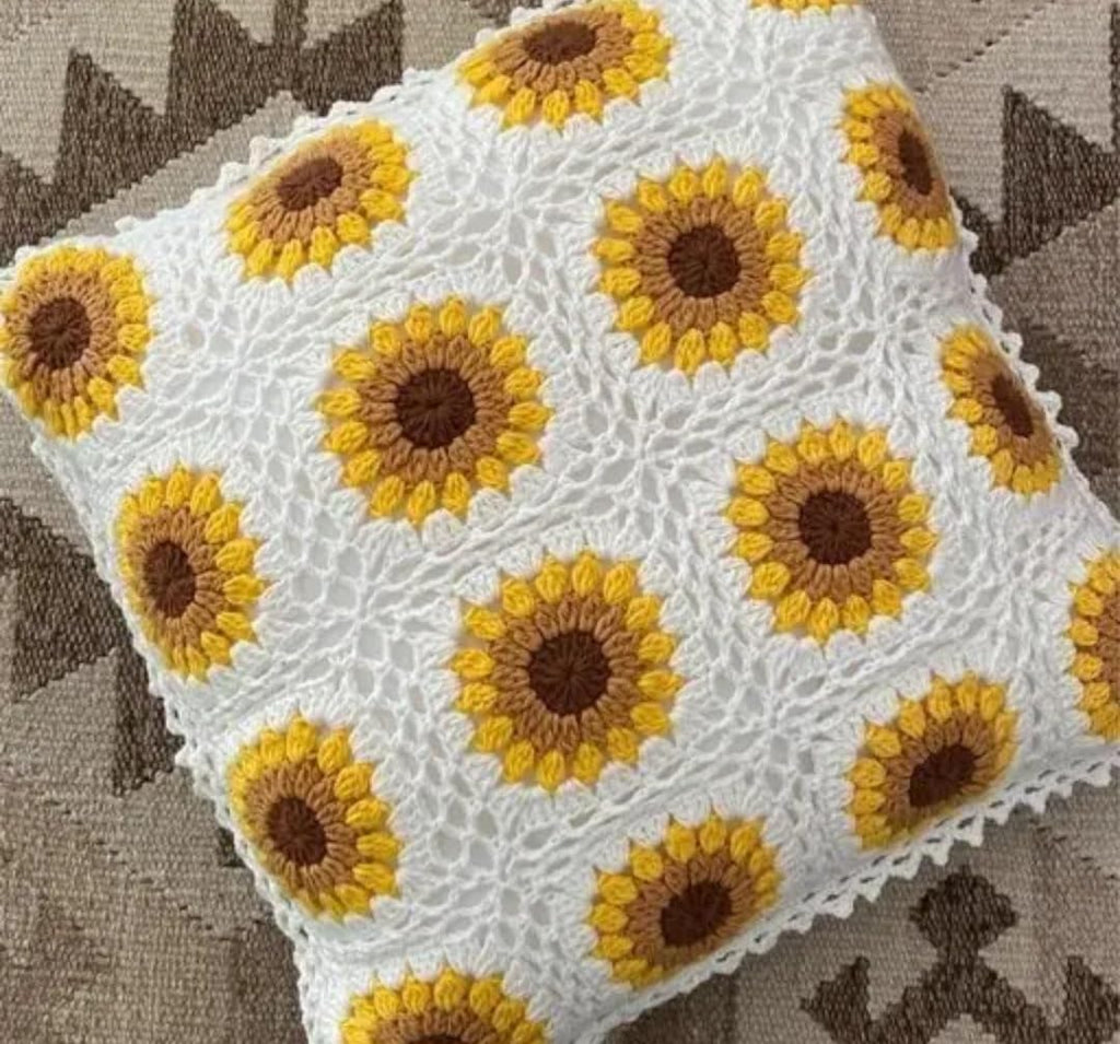 Crochet Sunflower Throw Pillow Cover, White and Yellow, Floral Granny Square, Boho Home Decor