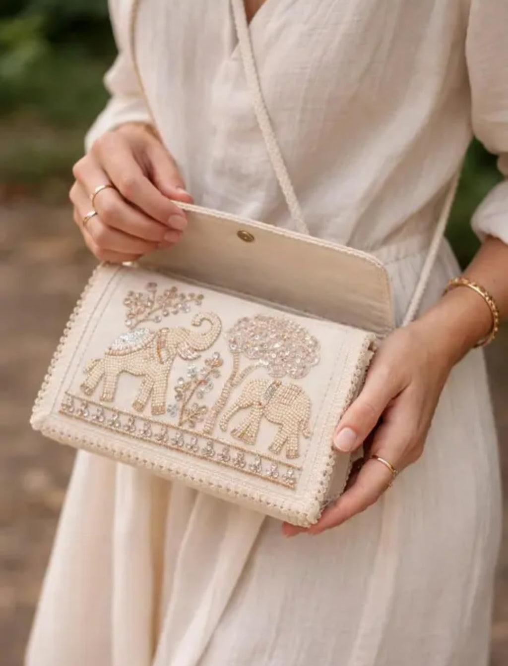 Ivory Clutch Bag with Elephant Embroidery, Beaded Sequin Crossbody Purse, Boho Ethnic Style