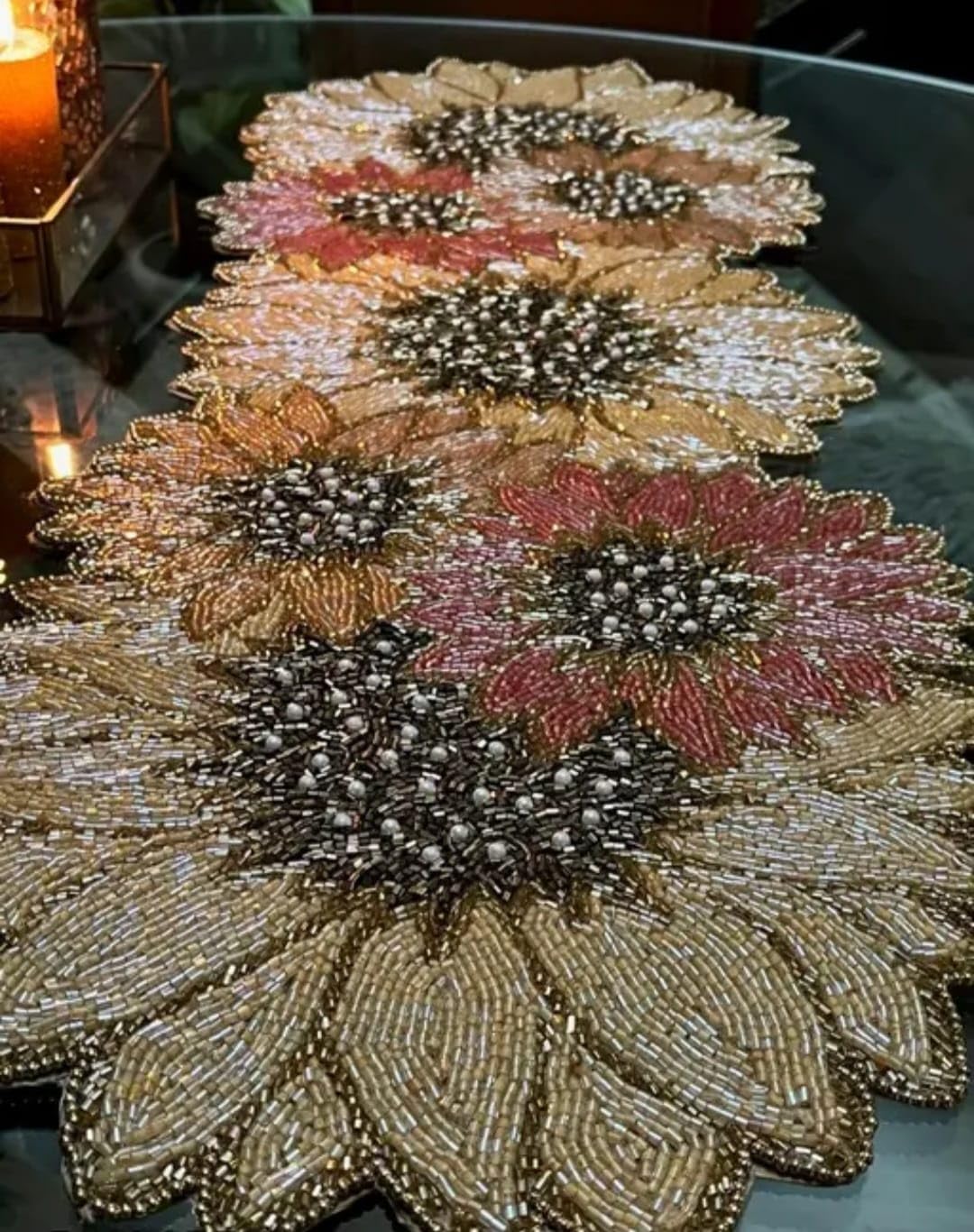 Beaded Sunflower Table Runner, Floral Design, Gold and Pink, Handcrafted Decorative Centerpiece