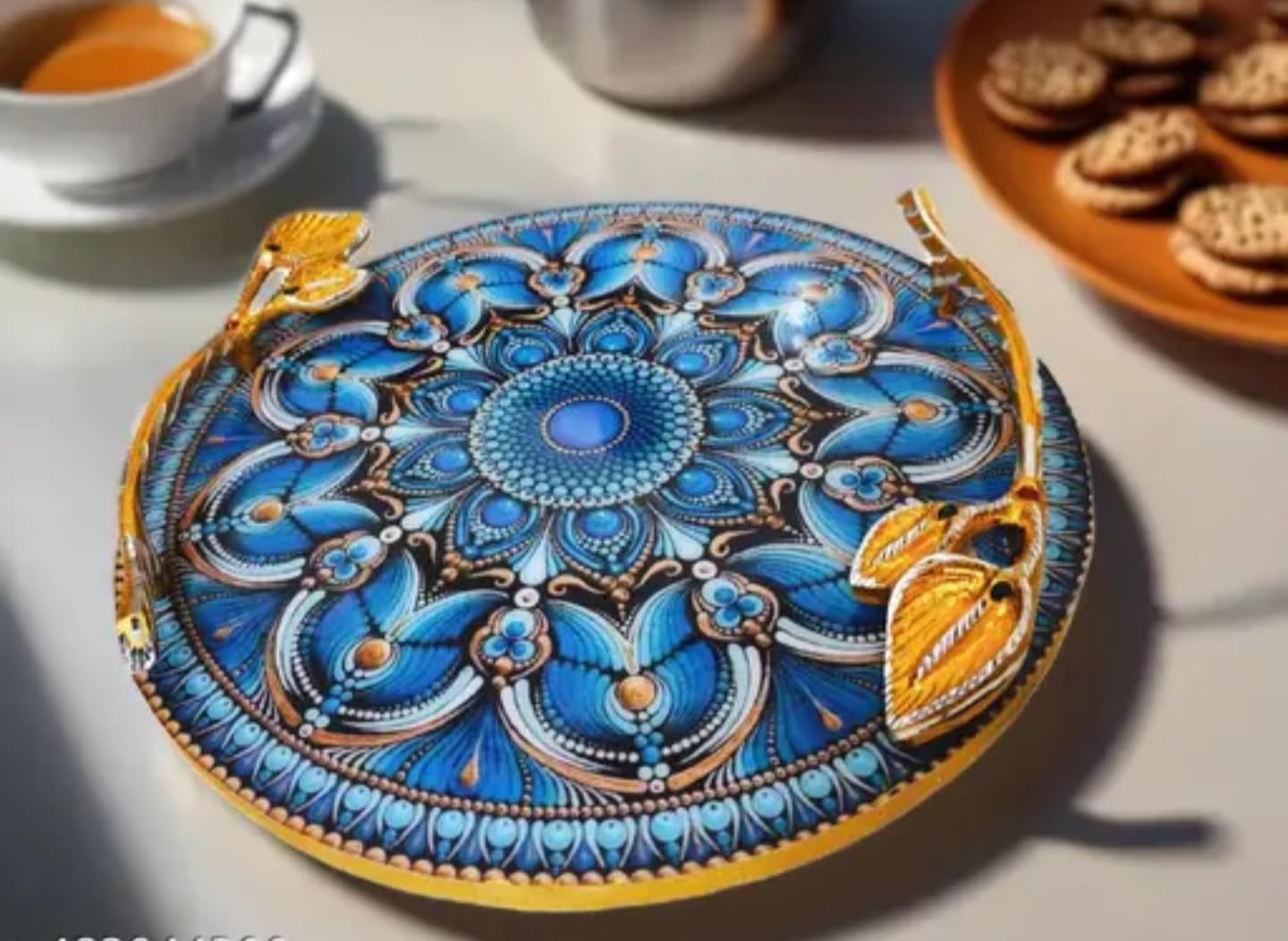 Decorative Round Serving Tray with Mandala Pattern, Blue and Gold, Hand-Painted Floral Design, Ornate Metallic Handles