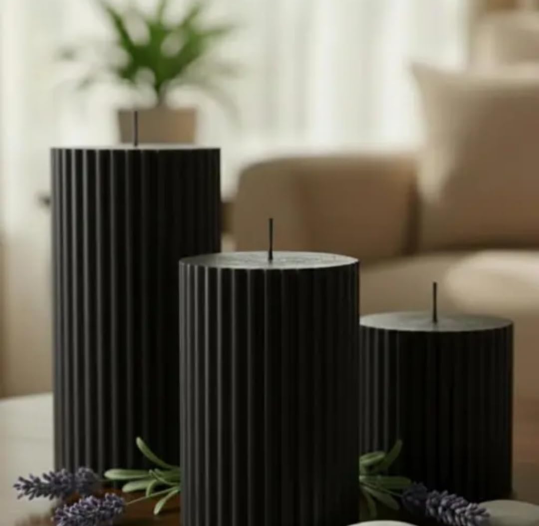 Decorative Pillar Candles Set, Black Ribbed Design, 3 Sizes, Modern Home Decor