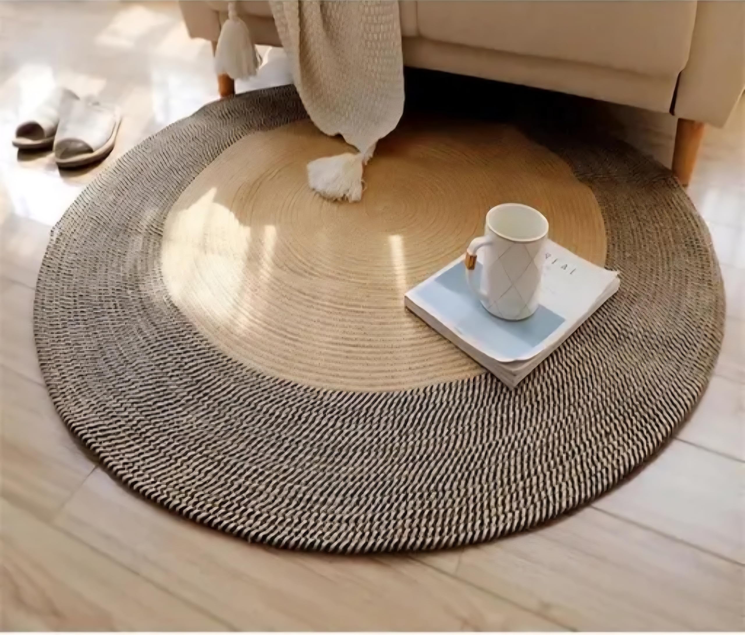 Round Braided Area Rug, Beige and Gray, Woven Circle Carpet for Bedroom Living Room