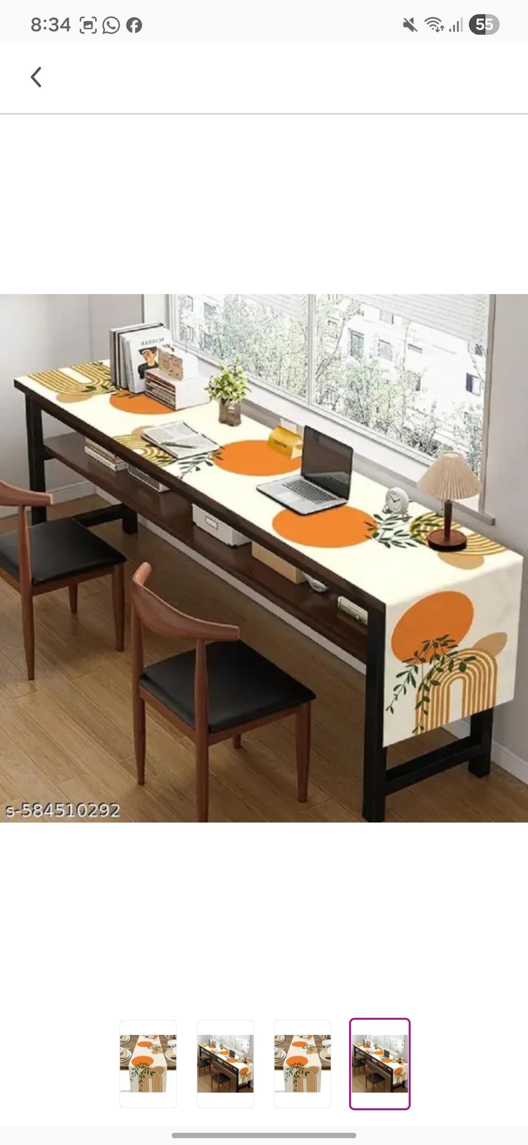Table Runner, Modern Geometric Design, Orange and Beige Circles with Green Leaves, Contemporary Home Decor