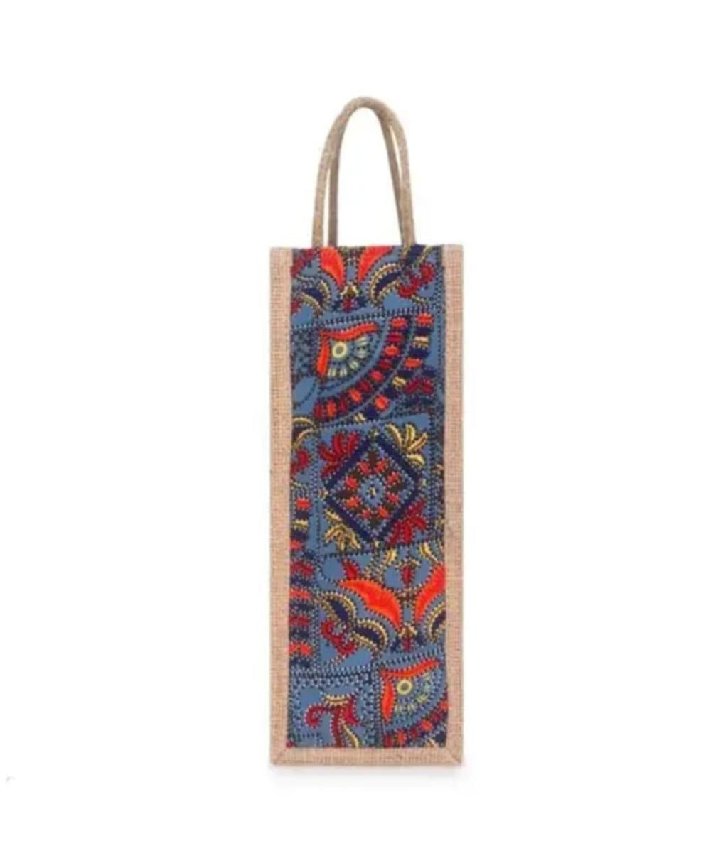 Jute Wine Bottle Bag with Rope Handles, Bohemian Print, Single Bottle Tote