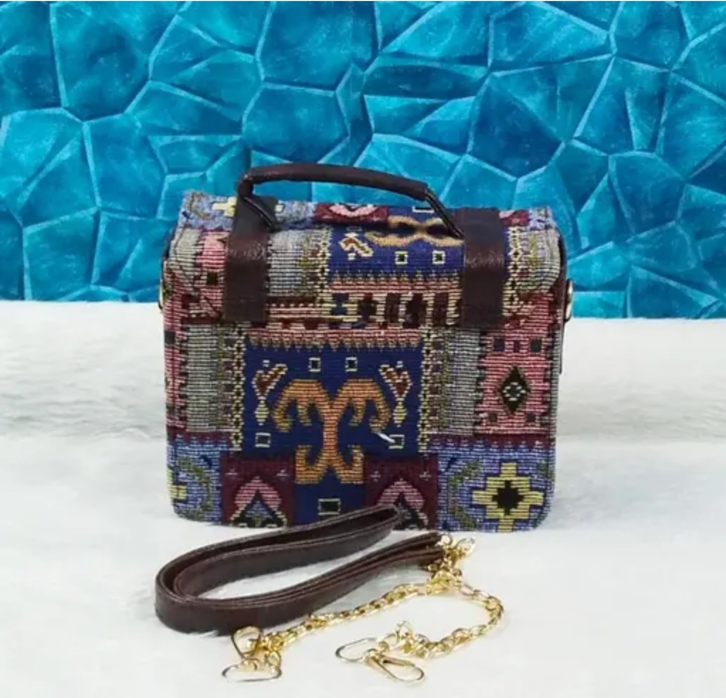 Vintage Kilim Pattern Carpet Bag, Boho Ethnic Design, Multi-Colour with Leather Hand bag