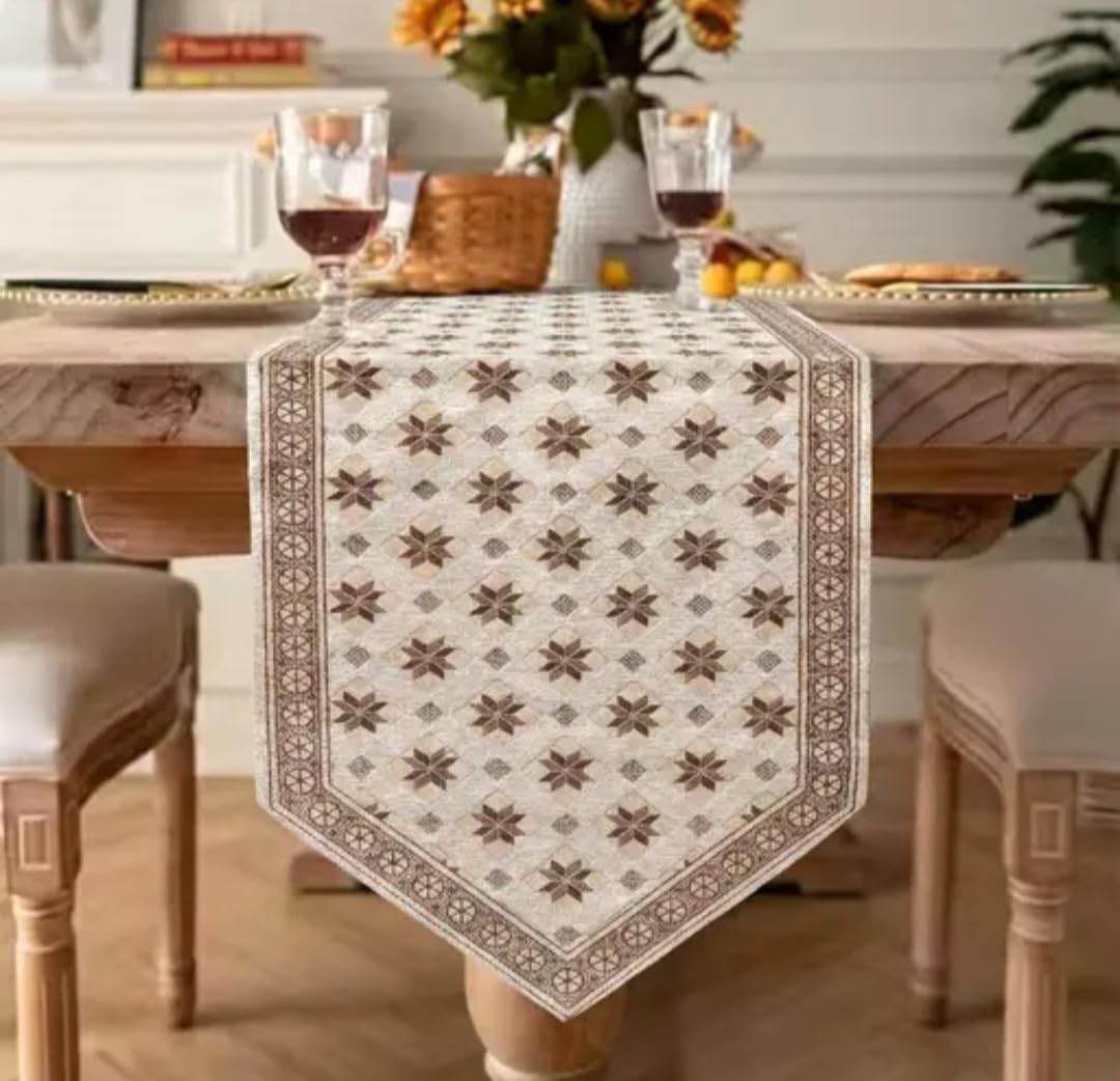 Table Runner with Star Pattern, Beige and Brown, Geometric Border Design, Dining Table Decor