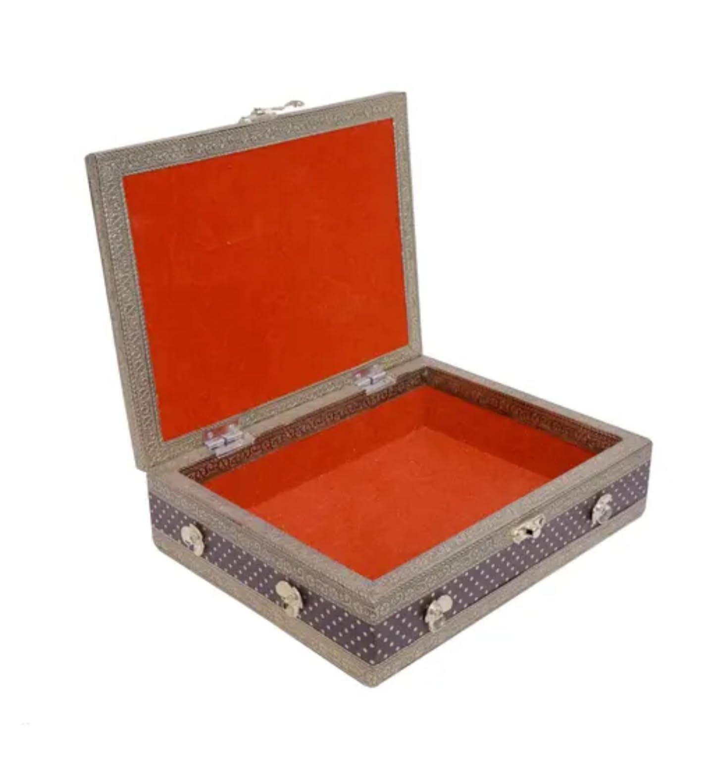 Vintage Decorative Jewelry Box, Purple and Gold, Floral Pattern, Metal Clasp, Double Compartment, Polka Dot Design