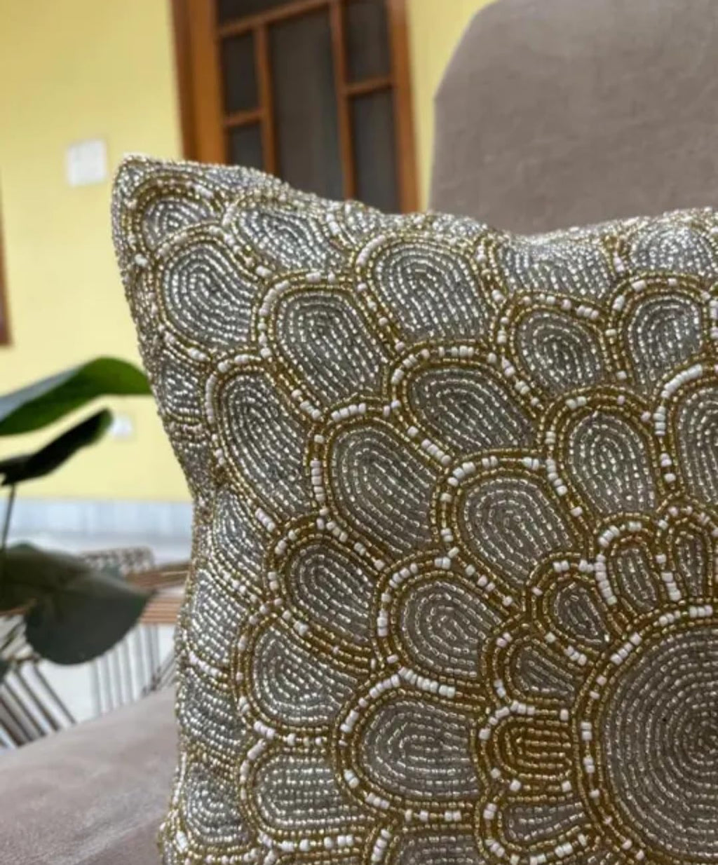 Beaded Mandala Floral Throw Pillow Cover, Gold and Silver, Decorative Handmade Cushion Cover for Sofa