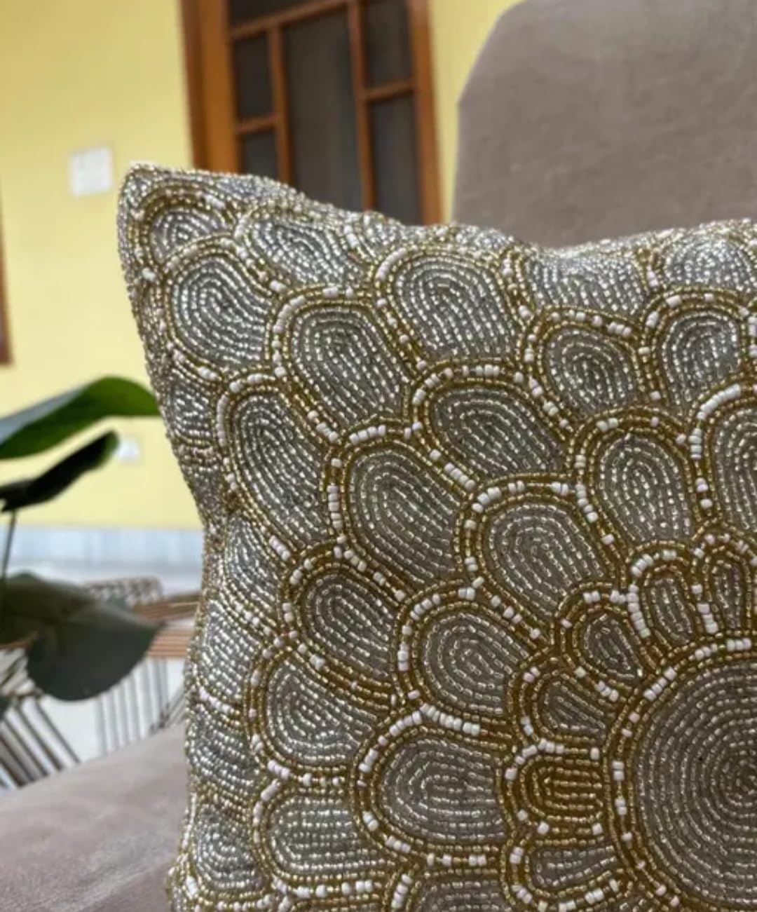 Beaded Mandala Floral Throw Pillow Cover, Gold and Silver, Decorative Handmade Cushion Cover for Sofa