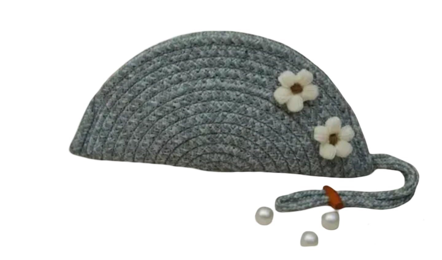 Handcrafted Woven Half-Moon Clutch, Grey with White Floral Accents, Braided Strap