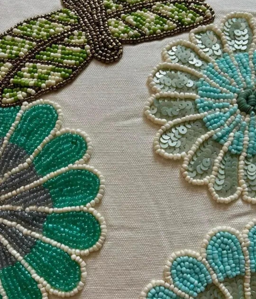 Beaded Floral Throw Pillow Cover, White, Teal and Green Flower Embroidery, Decorative Cushion Cover