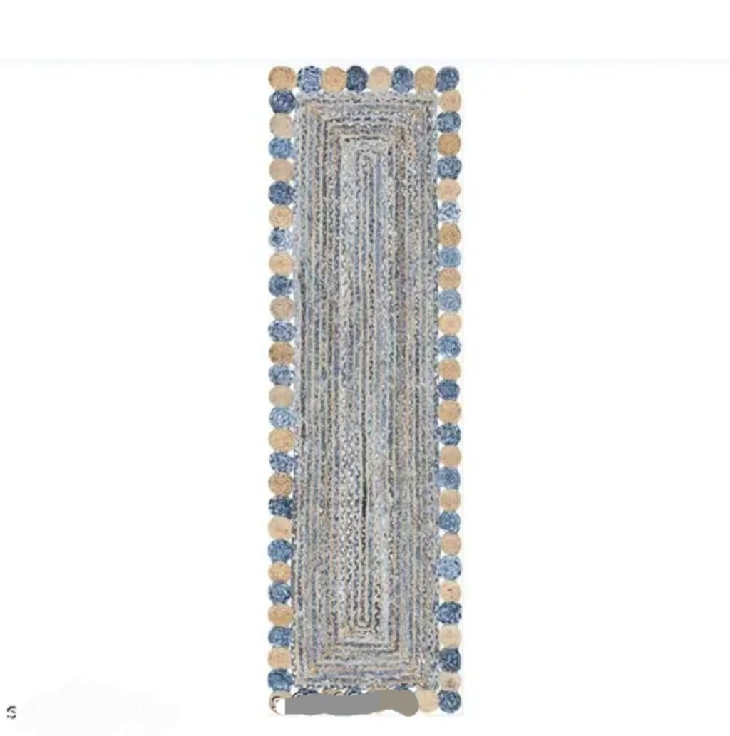 Braided Jute Handmade Runner Rug, Blue and Natural, Decorative Circle Border, Bohemian Style