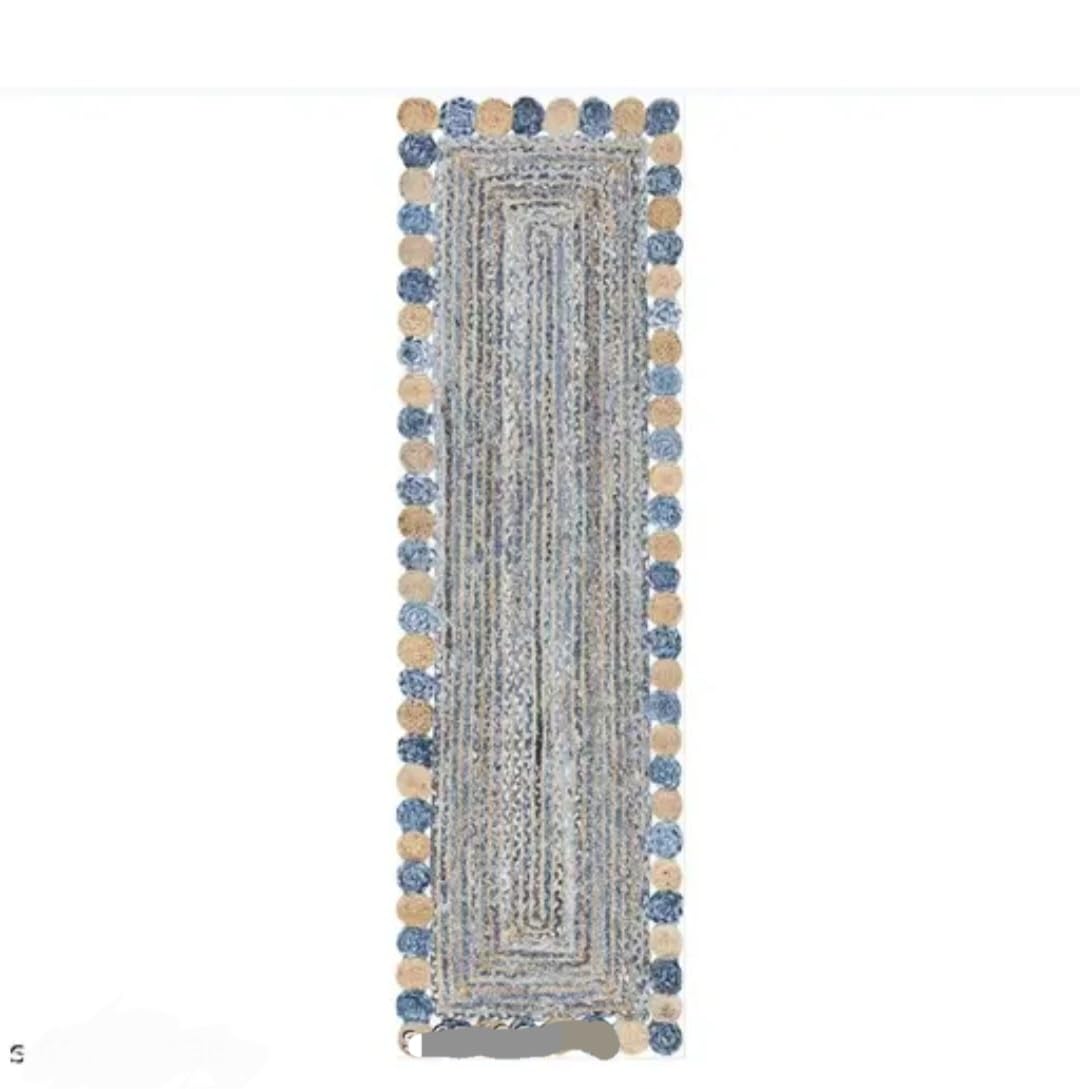 Braided Jute Handmade Runner Rug, Blue and Natural, Decorative Circle Border, Bohemian Style
