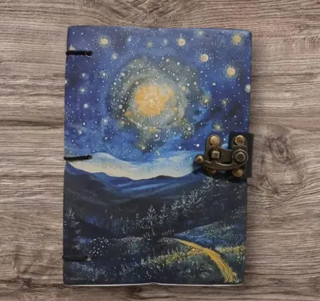 Handcrafted Starry Night Journal with Metal Clasp, Blue Galaxy Design, Hardcover Notebook with Mountain Landscape Art