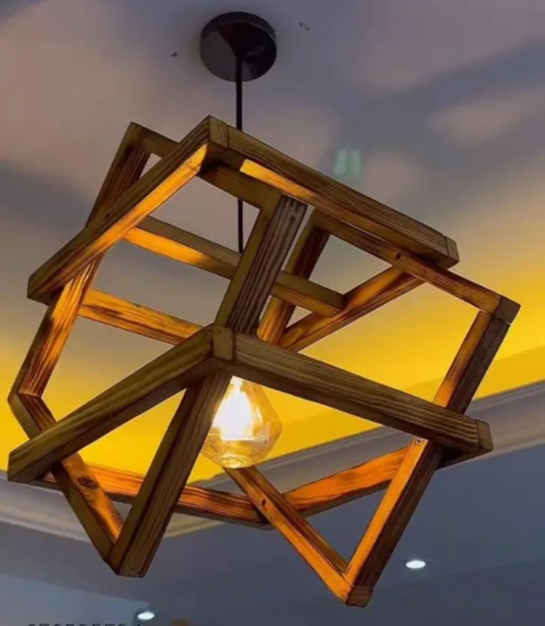 Wooden Geometric Pendant Light, Cube Design, Warm Glow, Modern Rustic Style, Ceiling Fixture