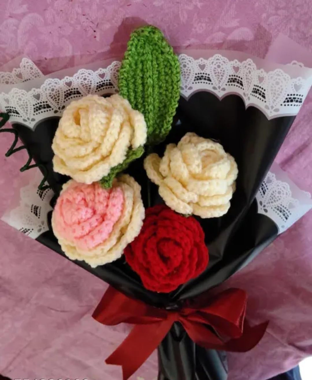 Handmade Crochet Flower Bouquet, Mixed Colors, Knitted Roses with Black Wrap and Red Ribbon, Gift