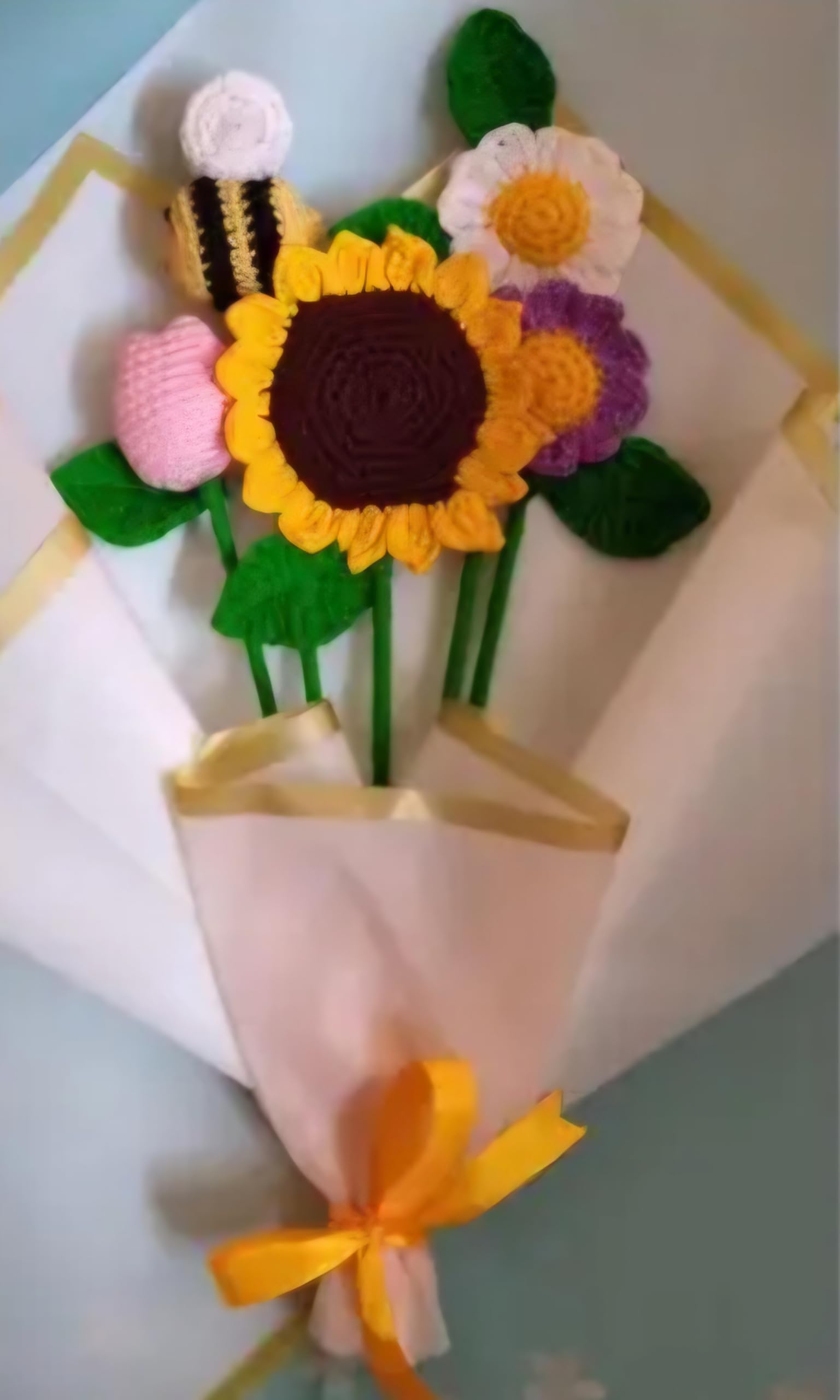 Handmade Crochet Flower Bouquet with Sunflower, Bee, and Mixed Blooms, Yellow Ribbon Wrap