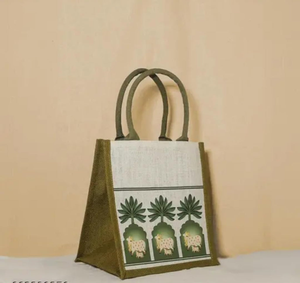 Jute Tote Bag with Pichwai Print, Green and White, Traditional Indian Art Style