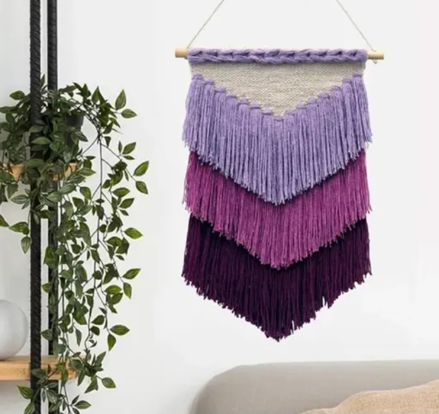 Handmade Macrame Wall Hanging, Purple Ombre Fringe Design, Boho Home Decor