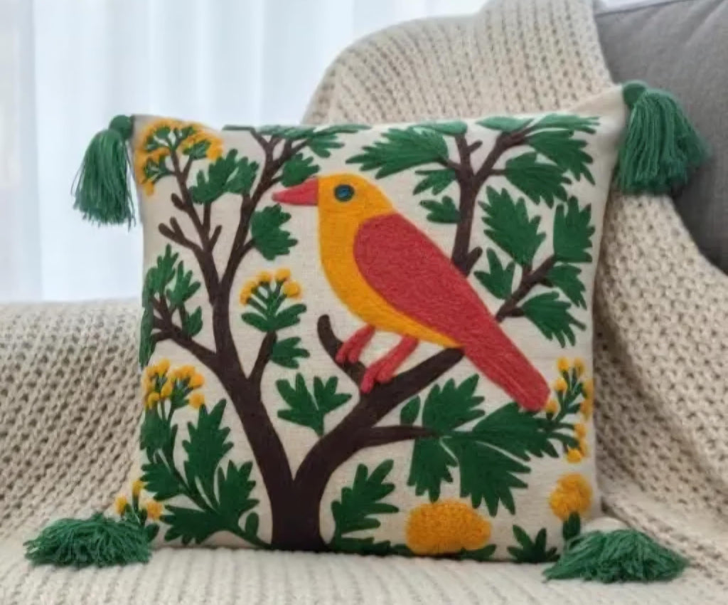 Hand Embroidered Bird on Tree Throw Pillow Cover, Boho Style with Green Tassels, Colorful Floral Cushion Cover