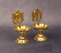 Traditional Brass Oil Lamp, Decorative Golden Diya with Ornate Peacock Design, Antique Style Temple Lamps, 2-Piece Set