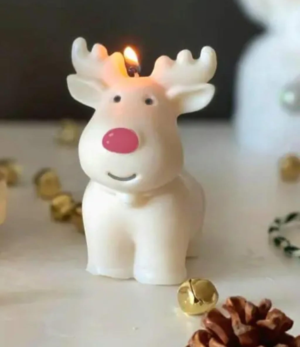 Decorative Reindeer Christmas Candle, White Wax Figurine with Red Nose, Holiday Home Decor