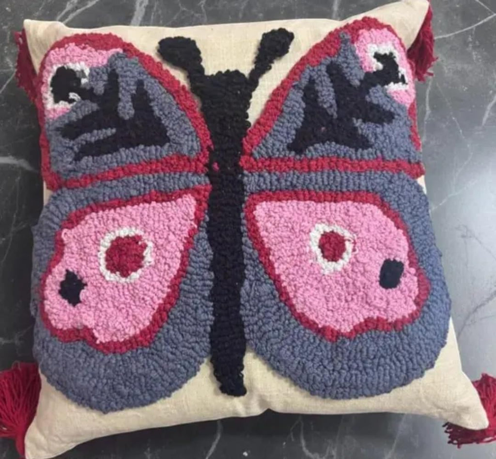 Butterfly Embroidered Throw Pillow Cover with Red Tassels, Gray and Pink, Boho Style