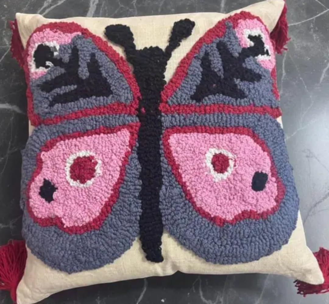 Butterfly Embroidered Throw Pillow Cover with Red Tassels, Gray and Pink, Boho Style