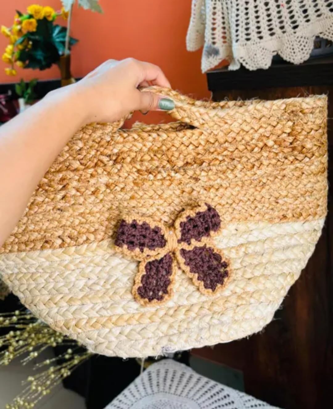 Handwoven Jute Storage Basket with Crochet Butterfly Detail, Natural Beige and Brown, Boho Style