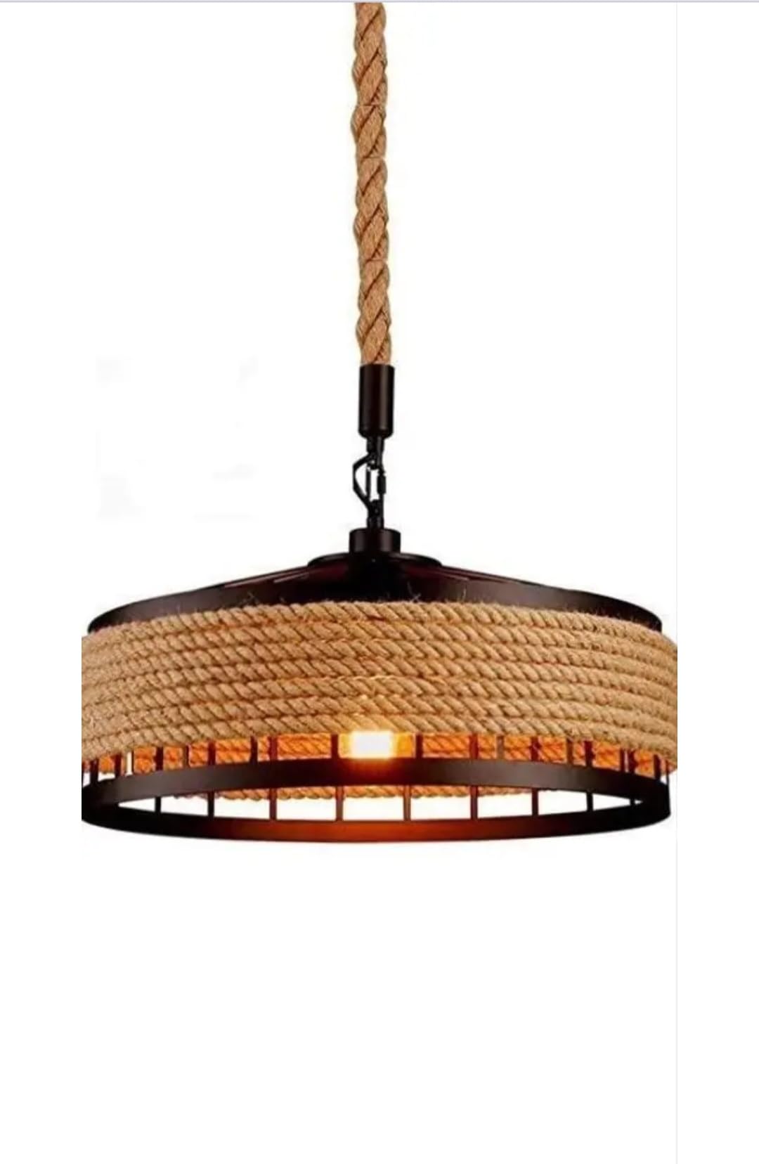 Rustic Rope Pendant Light, Natural Jute with Black Metal Frame, Industrial Farmhouse Style