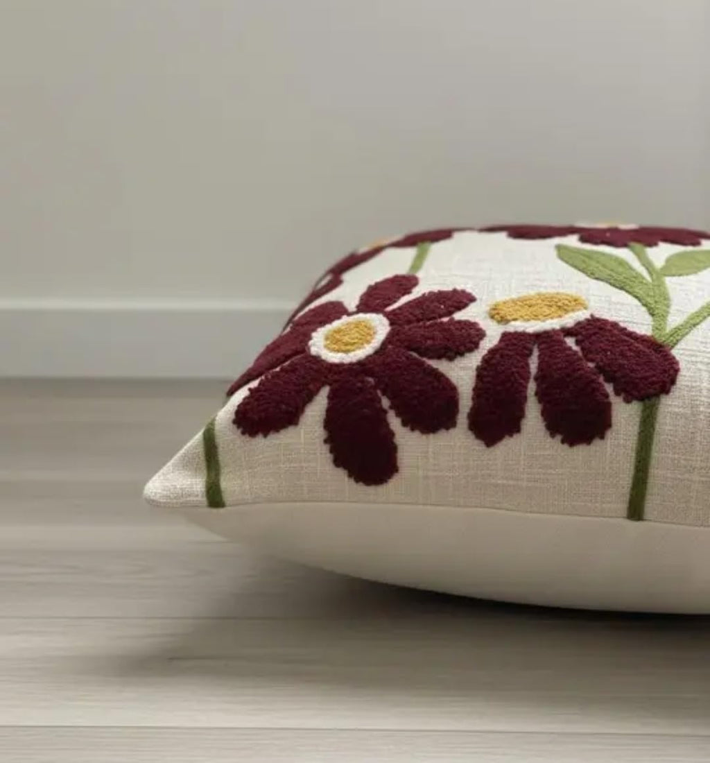Handcrafted Embroidered Floral Throw Pillow Cover, Burgundy Daisy on Cream, Boho Decorative Cushion Cover