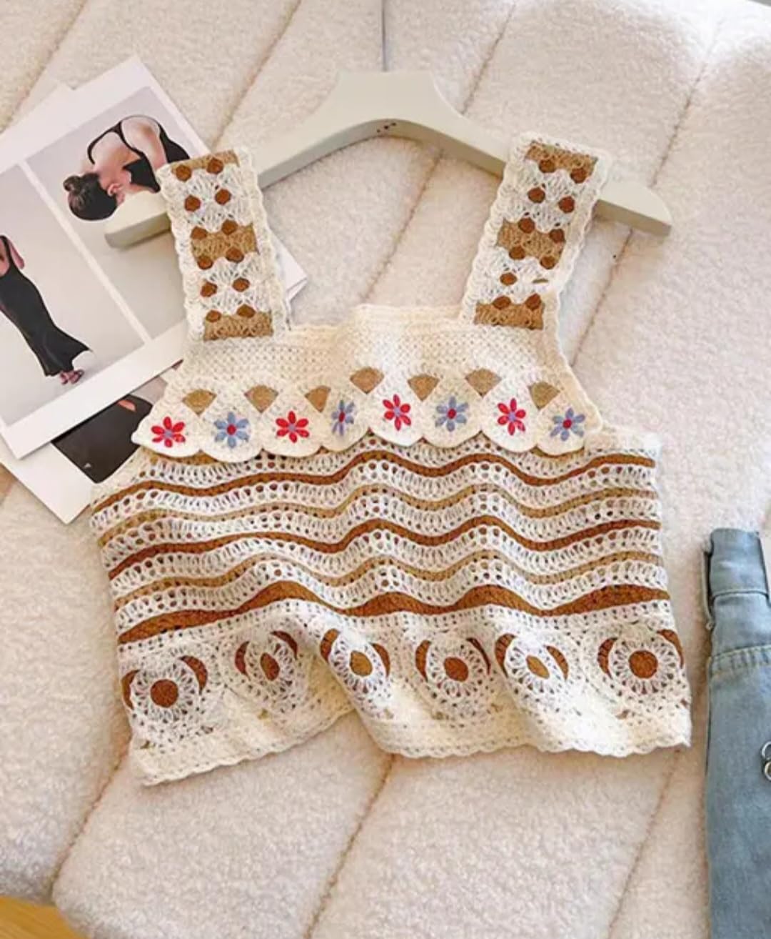 Women's Crochet Crop Top, Boho Floral Design, Granny Square Knit, Cream and Brown, Handmade