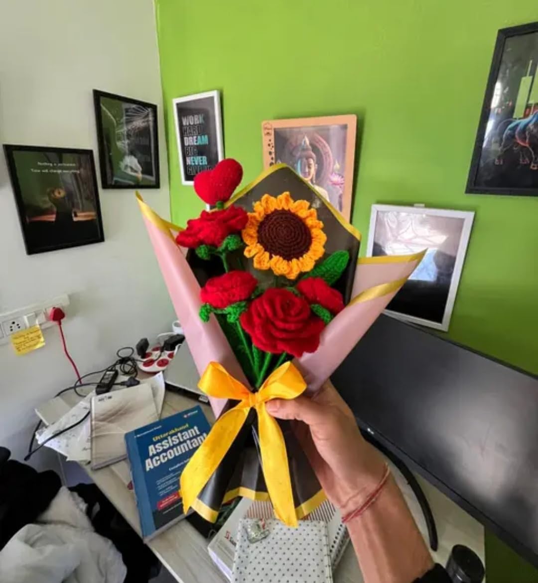 Handmade Crochet Flower Bouquet, Red Roses and Sunflower, Gift for Valentine's Day