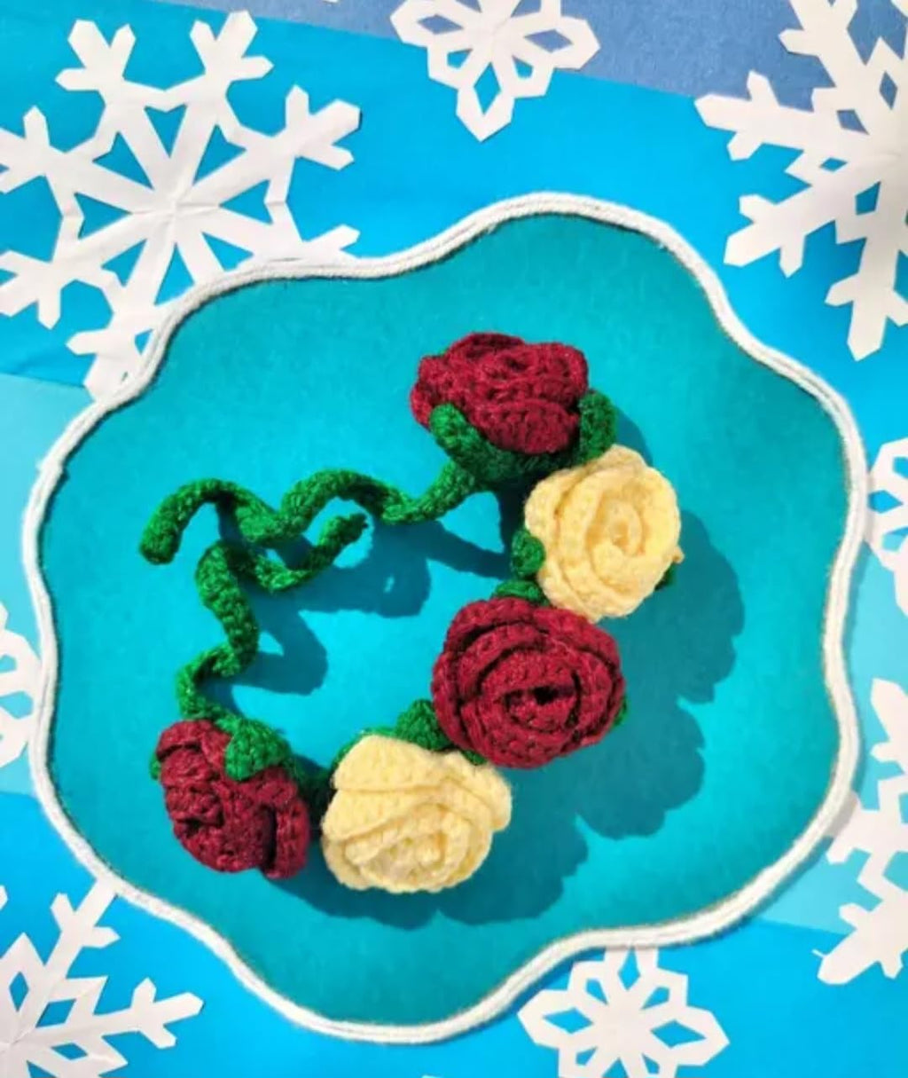 Crochet Rose Hair Accessories, Red and Cream Floral Bun Pins, Handmade Knit Flower Hair Clips