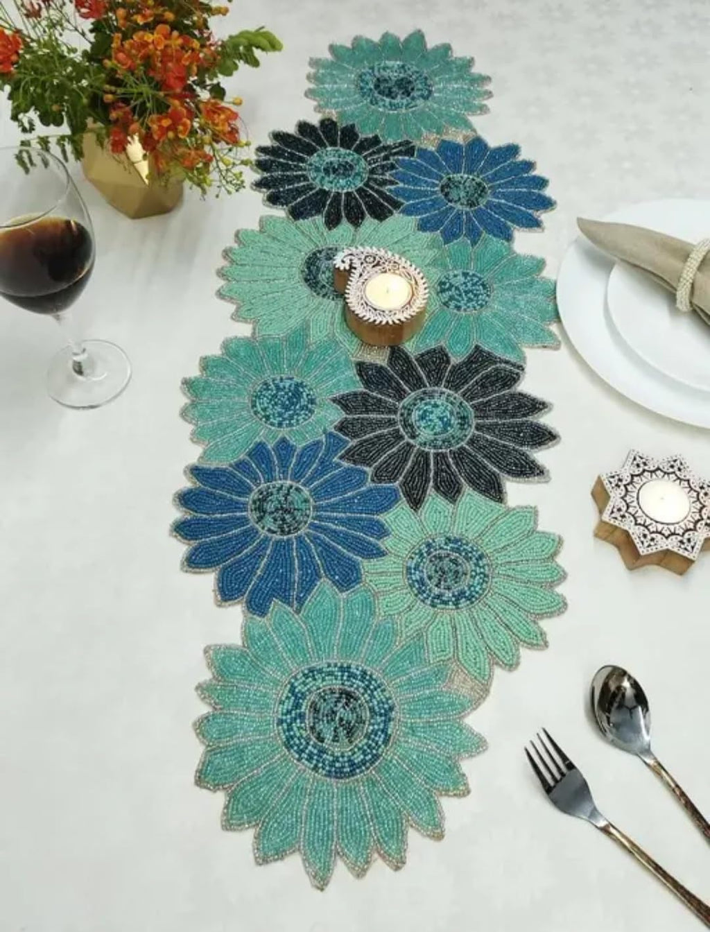 Beaded Floral Table Runner, Teal and Blue, Handcrafted Flower Design, Decorative Dining Table Decor