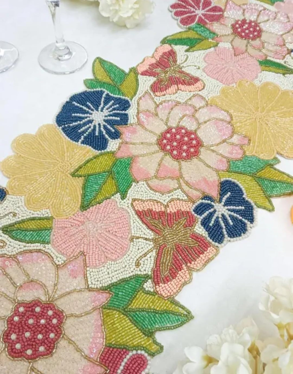 Beaded Floral Table Runner, Multicolor, Embroidered Design, Pink Yellow Blue Green, Spring Garden Theme