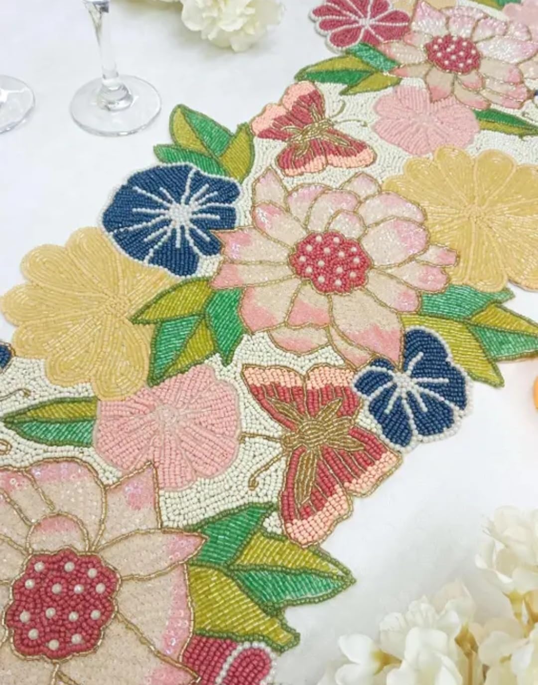 Beaded Floral Table Runner, Multicolor, Embroidered Design, Pink Yellow Blue Green, Spring Garden Theme