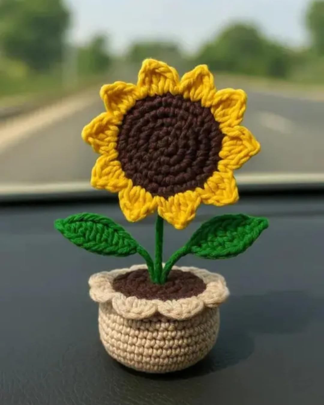 Handmade Crochet Sunflower Potted Plant, Yellow, Knitted Yarn, Car Dashboard Decor, Boho Style