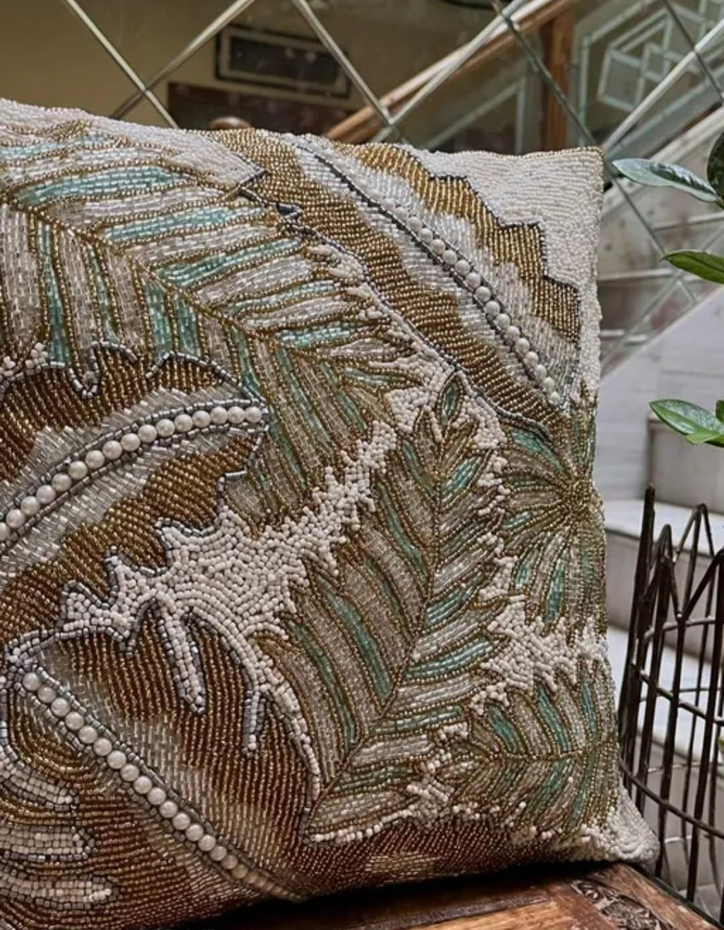 Beaded Decorative Throw Pillow Cover, Feather Design, Gold Brown Turquoise White, Embellished Cushion Case