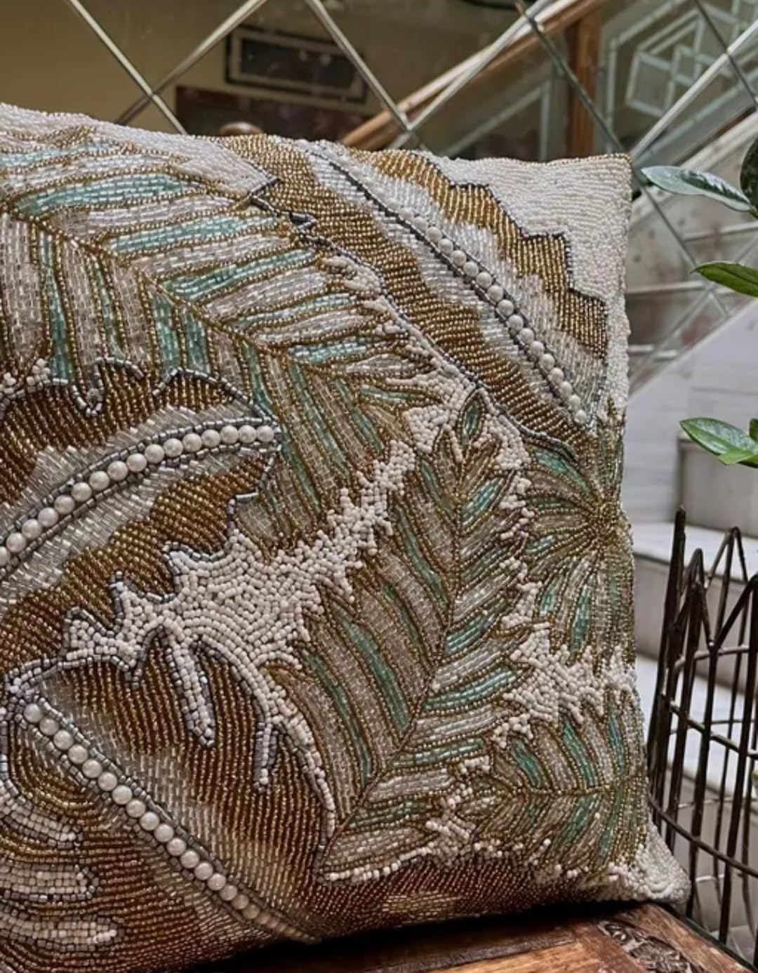 Beaded Decorative Throw Pillow Cover, Feather Design, Gold Brown Turquoise White, Embellished Cushion Case