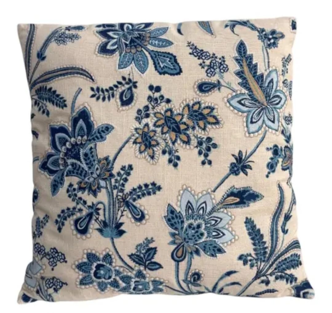 Decorative Throw Pillow Cover, Blue Floral Pattern on Beige, Jacobean Style, Home Decor Cushion Case