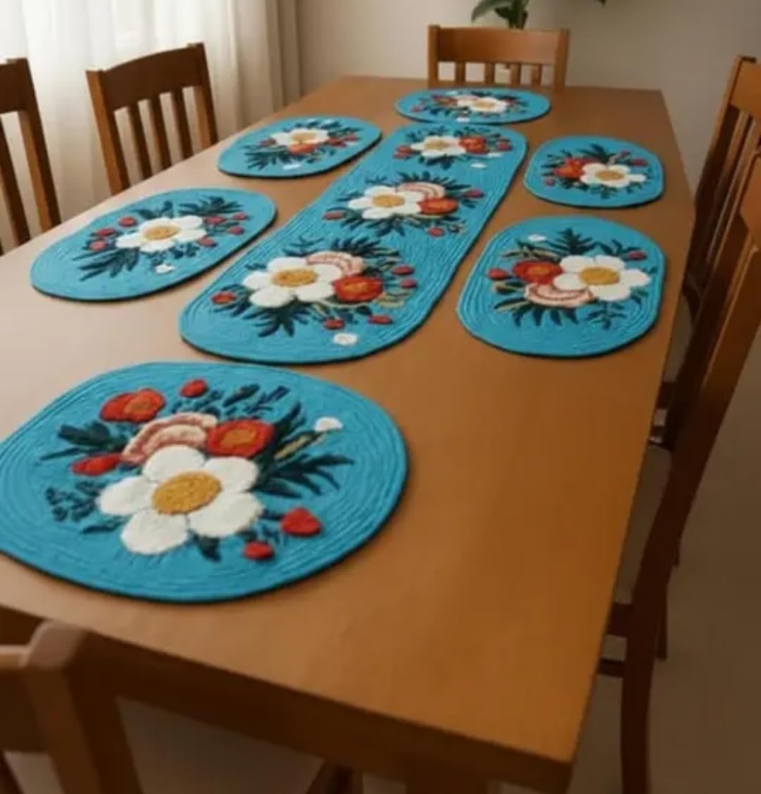 Turquoise Placemats with Floral Design, Round Table Mats, White Daisy Pattern, Set of 8