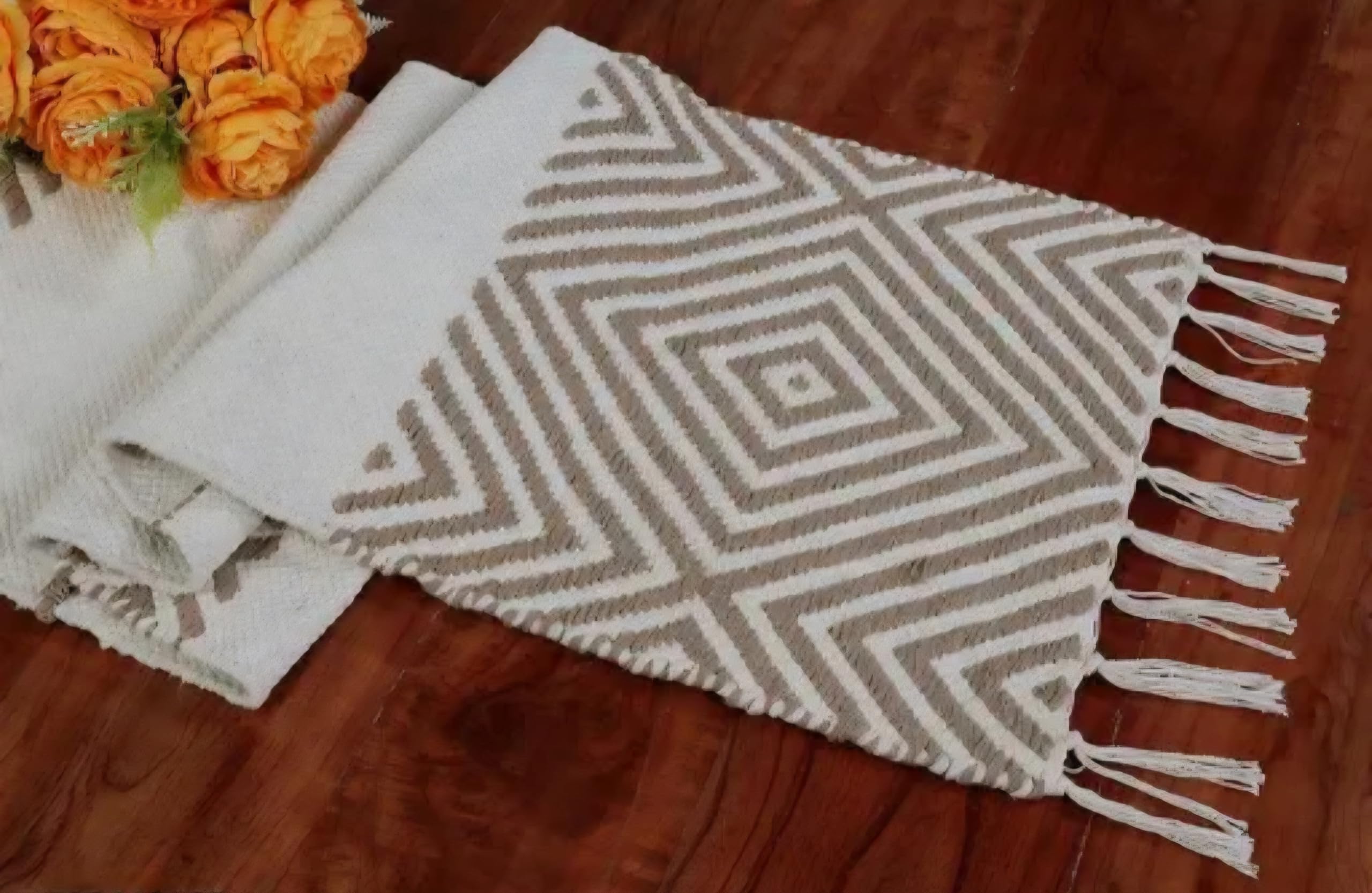 Boho Table Runner with Fringe, Cream and Beige, Diamond Pattern, Woven Cotton, Dining Table Decor