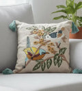 Handmade Embroidered Bird and Floral Throw Pillow Cover, Beige, with Teal Tassels, Boho Style