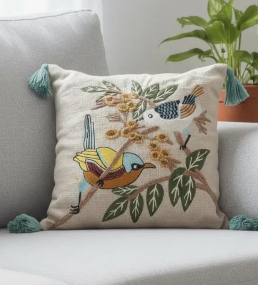 Handmade Embroidered Bird and Floral Throw Pillow Cover, Beige, with Teal Tassels, Boho Style