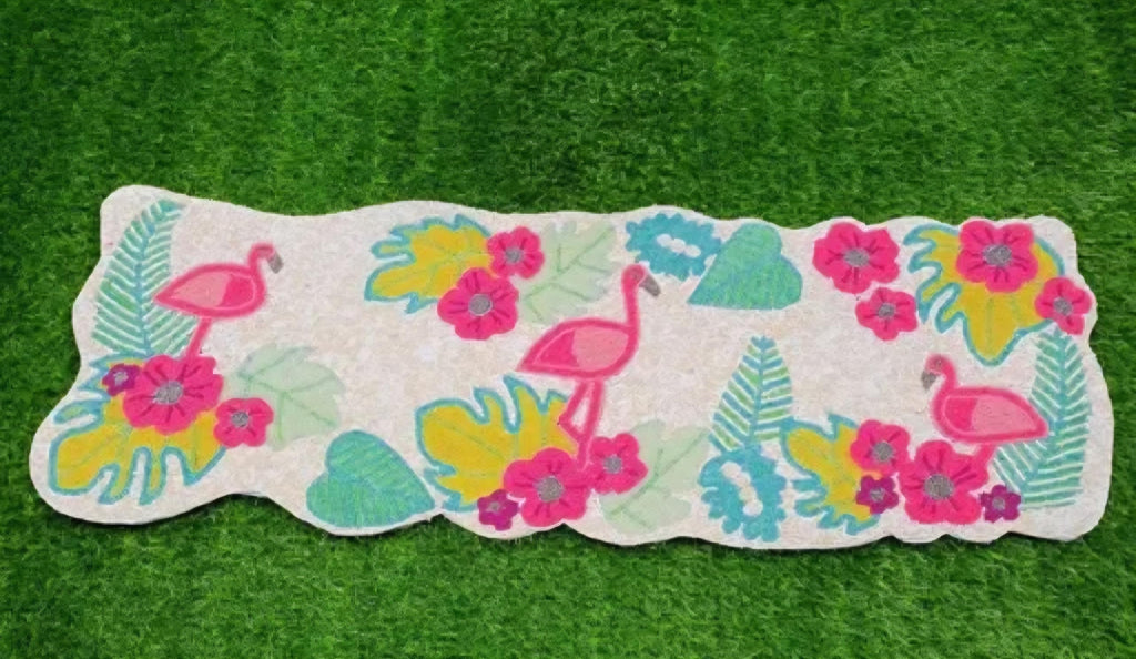 Beaded Table Runner, Tropical Flamingo Design, Multicolor Floral and Leaf Pattern