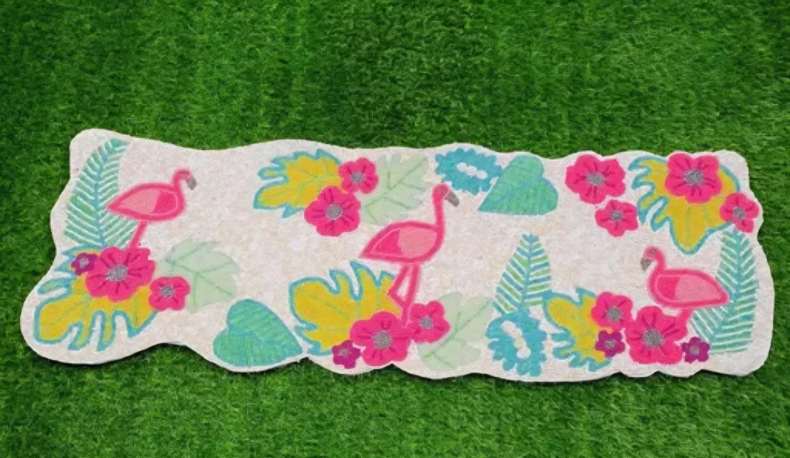 Beaded Table Runner, Tropical Flamingo Design, Multicolor Floral and Leaf Pattern