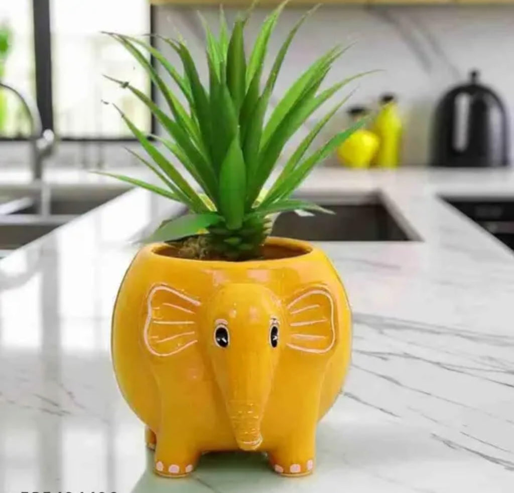 Decorative Elephant Planter with Artificial Succulent, Yellow Ceramic Plant Pot, Indoor Home Decor